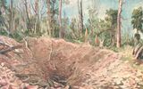 One of the craters formed by the fall of the Sikhote-Alin meteorite. Painting by the artist N. A. Kravchenko (1948)
At the site of the fall, many trees were felled along with their roots. Some of the remaining trees stood together with the broken tops and crowns. Fragments of tree trunks, twigs, cedar and spruce needles were scattered throughout the crater field. Craters and craters yawned in the chaos.
E. L. Krinov, 1981
