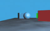 Эта анимация является примером параллакса.

Когда точка обзора перемещается сбоку, объекты на расстоянии, кажется, движутся медленнее, чем объекты, расположенные близко к камере.&nbsp;В этом случае синий куб спереди, кажется, движется быстрее, чем красный куб.
