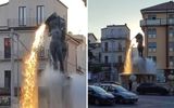 La luz del sol que pasa a través de esta fuente en L'Aquila, Italia, crea el efecto de que está vertiendo lava de su tazón.