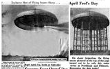 The newspaper dated April 1, 1950. Illustrate the original and the retouched photo of the water tower, turned into a UFO.
Translated by «Yandex.Translator»