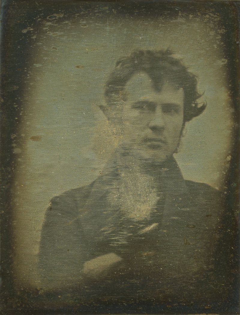 en.wikipedia.org

The first "selfie" (and first photograph)
Robert Cornelius was a manufacturer of lamps, which became a pioneer in the art of photography. He made the first ever portrait (and self portrait, respectively) in Philadelphia in 1839.
Translated by «Yandex.Translator»