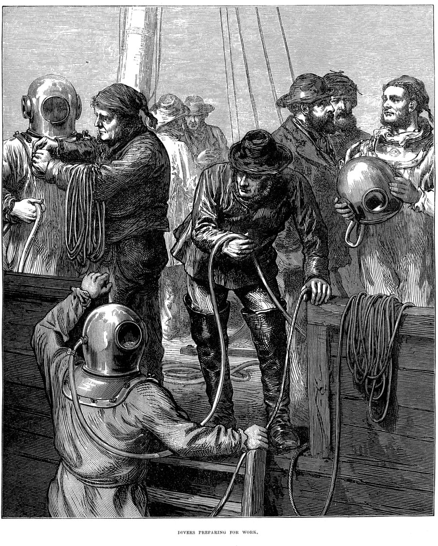 Divers prepare to dive on the deck of the Northfleet vessel. Illustration from the Illustrated London News of February 6, 1873