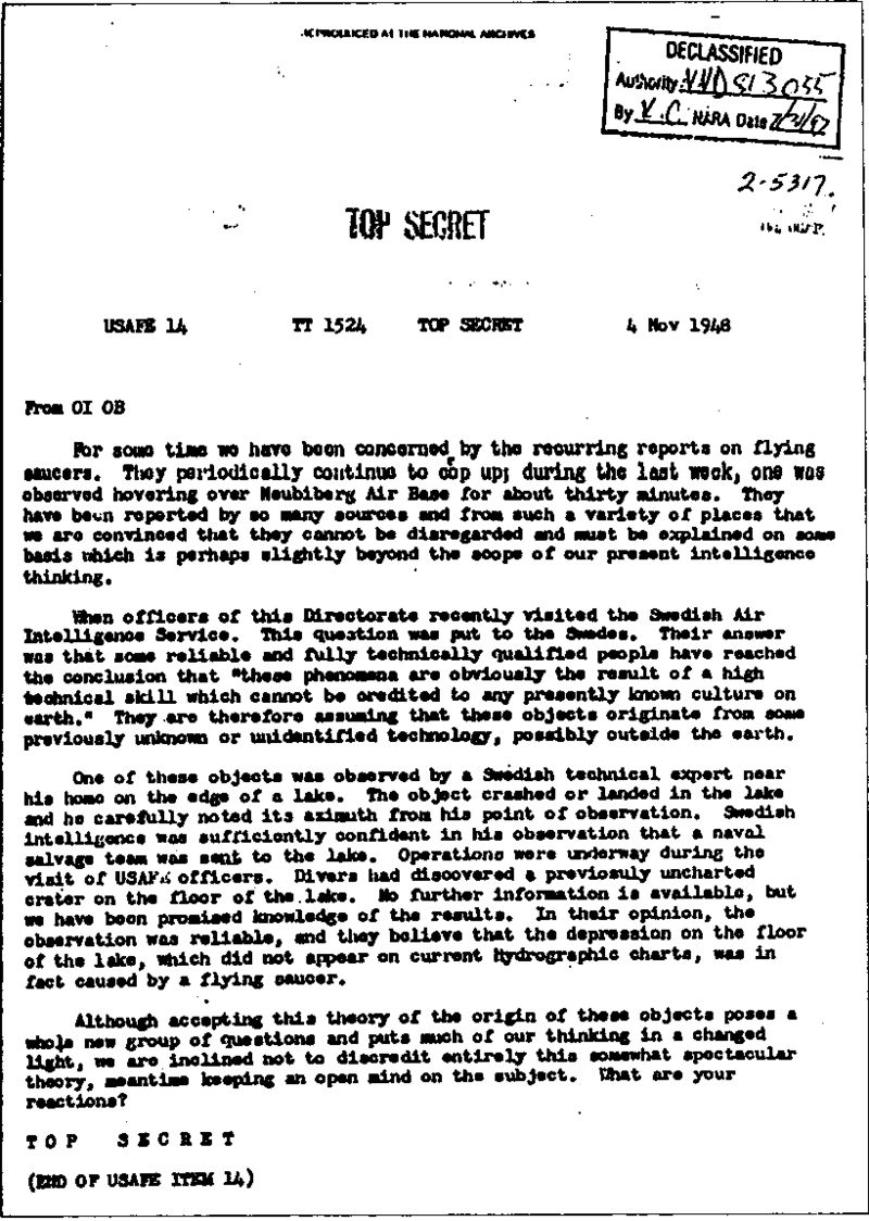 Noviembre de 1948, la USAF. El informe de los misiles-fantasmas
Traducido del servicio de «Yandex.Traductor»