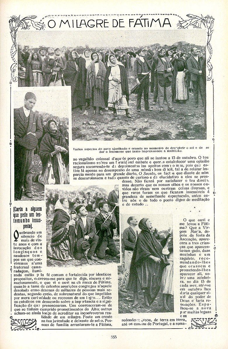 Страница из&nbsp;Ilustração Portuguesa ,&nbsp;29 октября 1917 г., на которой изображены люди, смотрящие на Солнце во время явлений Фатимы, приписываемых Деве Марии.
