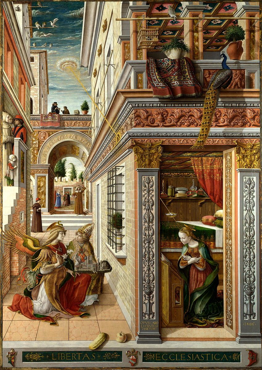 Annunciation with Saint Emidio (Annunciazione con sant'Emidio) is an altarpiece by the Italian painter Carlo Crivelli.Ufologists usually find it strange that a ray that descends from the sky and hits the Madonna. They claim that this ray comes from an unidentified flying disc-shaped object that is located among the clouds.In fact, this is a fairly standard designation for this plot. The original image shows that the object in the sky from which the rays come is formed by a circle of clouds, inside of which there are two circles of little angels. This is a very common image of the deity, which can be seen in many works of sacred art (for example, The Annunciation, Fra Beato Angelico, 1430). A ray from the sky is a symbol of the good news, and it can often be found in other paintings with a similar plot:
.. The dove of the Holy Spirit usually descends along a ray of light that ends on Mary's head or chest. God the Father may appear in heaven, the source of this light. The image as a whole represents the conception of Jesus in the womb of the Madonna, or rather his incarnation through the Holy Spirit descended from heaven. (...) Even the rays of light penetrating through the window glass are a symbol of virginity. (...) A walled garden, the so-called Hortus Conclusus, and/or a tower, both symbols of Mary's chastity, can also find a place in the composition.

J. Hall "Dictionary of plots and symbols in Art".
