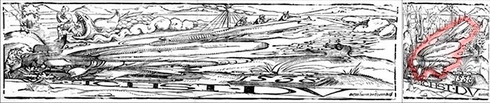 Artist from Nuremberg, Erhard Schoen, already in 1538, created hidden images in their prints on wood.

One of them, you can first see the biblical Jonah, the whale and part of the landscape, but if you look at a slight angle in the bottom left, before the eyes of a sudden, the image of the peasant, celebrating our natural need. More clearly emerges and the phrase "WAS. SICHST. DV", that is, "What do you see?".
Translated by «Yandex.Translator»