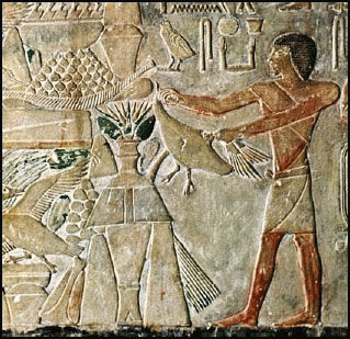 Tumba De Ptahhotep (circa 2400 AC) Saqqara, EgiptoAquí puedes ver la silueta de un alienígena "gris". Sin embargo, en un libro ilustrado titulado "todo Egipto" (Ed. Bonechi) encontramos detalles mucho más claros y detallados del mismo relieve pintado, y resulta que se trata de un jarrón con una planta específica que se ofreció a los dioses junto con frutas y animales. En otros lugares de la tumba de Ptahhotep encontramos la misma planta representada.