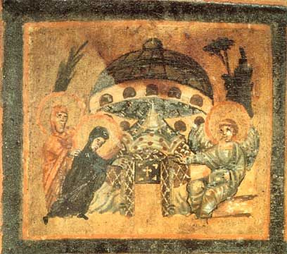 Fragment of the lid of the reliquary (Holy Vatican Museum, Rome). The coming of pious women to the tomb of Christ.A dome-shaped object in the center is usually mistaken for a UFO.In fact, this is an image of a sacred place, one of the very few documentary descriptions of the original building of the Holy Sepulchre in Jerusalem. The sacred place, before the destruction carried out by Sultan Hashim in 1009 and subsequent reconstructions, was a shrine supported by six columns, which was located inside a building topped with a dome.You can get an idea of the probable shape of the Holy Sepulchre by looking at the Chapel of the Ascension and the Dome of the Rock in Jerusalem.