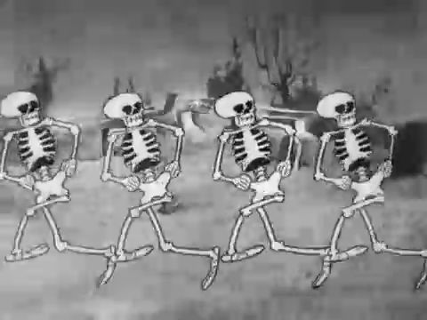 Esqueletos rebeldes bailando en un cementerio abandonado