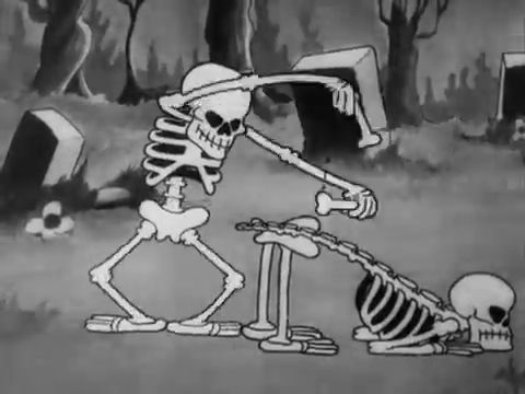 A skeleton plays on the bones of another