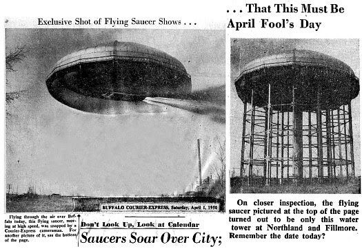 The newspaper dated April 1, 1950. Illustrate the original and the retouched photo of the water tower, turned into a UFO.
Translated by «Yandex.Translator»