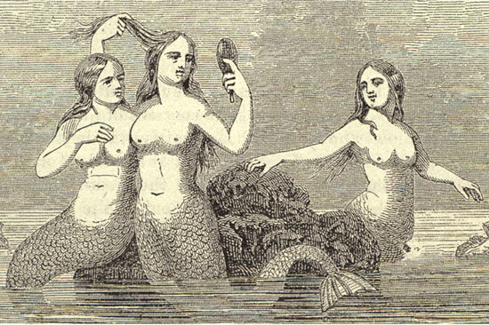 Barnum used this image to advertise his controversial exhibition of the Fiji mermaid 1842. 

Once in the American Museum, visitors were no doubt surprised by the actual a so-called mermaid. The surprise caused by such misleading promotion, became an expected part of the experience at the American Museum. 

Like the image of a mermaid with her Breasts exposed and her hair was adorned with a colored banner with a height of eight feet on the outside of the concert hall in new York, where it was presented before transfer to the American Museum.

Source: collection of Mather-Kunhardt
Translated by «Yandex.Translator»