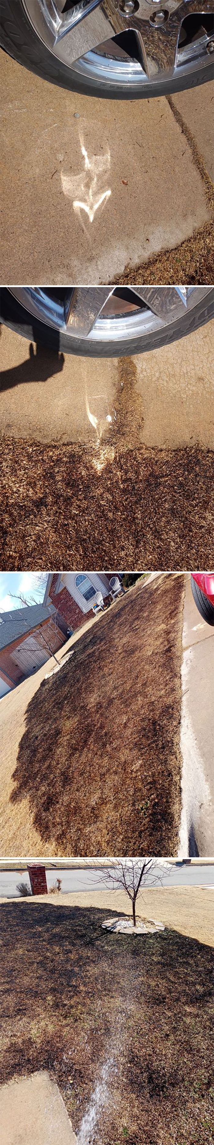 After washing the car, the wheels created the effect of a magnifying glass on the grass, which caused a fire to start on the lawn