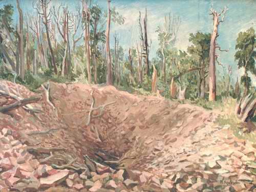 One of the craters formed by the fall of the Sikhote-Alin meteorite. Painting by the artist N. A. Kravchenko (1948)
At the site of the fall, many trees were felled along with their roots. Some of the remaining trees stood together with the broken tops and crowns. Fragments of tree trunks, twigs, cedar and spruce needles were scattered throughout the crater field. Craters and craters yawned in the chaos.
E. L. Krinov, 1981

