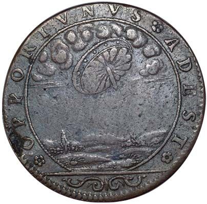 A token with the inscription "OPPORTUNUS ADEST"As explained on a web page called Curieuses oeuvres d'art, this is a "token", probably minted in 1656. Many other tokens of this type can be viewed (and purchased) on the CGB Numismatic website. These tokens had no real value like coins, but they were so similar to coins that they fooled the stupidest.Most likely, the scene depicted on it comes from Roman mythology. An object falling from the sky could be a shield of Jupiter (Ancil), protecting from storms and lightning (Ovid, Fasti, book III. The shield was a gift from Jupiter to the Roman king Numa Pompilius. God's promise was that Rome would be protected until the Romans took care of the sacred shield. The sentence "OPPORTUNUS ADEST" means something like "It is present in our time of need."The Roman terracotta, kept in the British Museum, depicts Minerva (Pallas Athena), who helps Argos in the construction of his ship, the shield of the goddess of a similar shape is visible on the left.