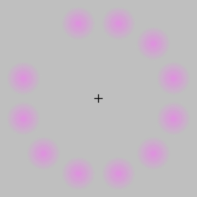 Close one eye with his hand. Lean your elbows on the table and lock the head at a distance of 15-30 cm from the image. Open eye snap the cross in the center and not move your eyes for a few seconds. If the immobility is achieved, violet spots will disappear. In case of difficulty, use a bigger image.
Translated by «Yandex.Translator»