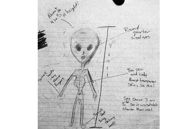 Рисунок увиденного пришельца, нарисованный по описаниям девочки
