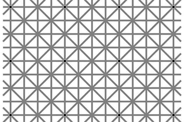 Professor of psychology, Akiyoshi Kitaoka from Japan published in the "Facebook" image, which depicted 12 black points on intersecting gray lines. The feature of the figure is that the human eye can not see these points simultaneously.

The source images can be considered as the journal Perception, 2000. At the same time and due to this illusion. It is based (like many other illusions) on the fact that the brain completes the picture, based on their own ideas about it (this is characteristic of peripheral vision). In this case, the brain "draws" a gray grid.
Translated by «Yandex.Translator»