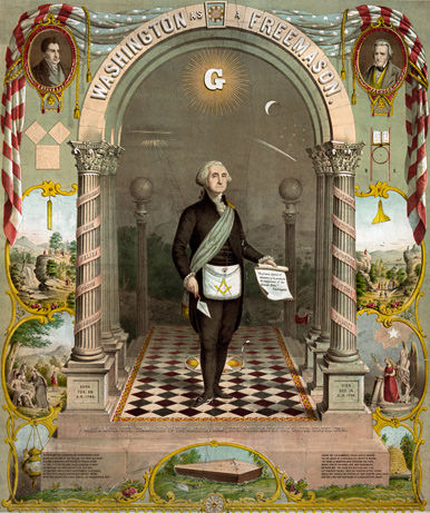 "George Washington como masón", 1860.Muchos ufólogos notan un curioso objeto en forma de disco en el arco interior izquierdo, que se representa junto a la Escalera de Santiago.En realidad, la Escalera de Jacob conduce al cielo y, como en una escena bíblica normal, se abre, mostrando la luz divina.Los grados representan los diversos "grados" de la enseñanza primaria y, en particular, en la masonería, se definen por conceptos tomados de la religión cristiana, como la Fe, la Esperanza, la Misericordia, la Justicia, la Prudencia, la Moderación y la Perseverancia. En este grabado, tomado de un certificado de membresía masónica fechado en 1861, también vemos tres grandes pilares simbólicos que representan Sabiduría, Poder y Belleza.