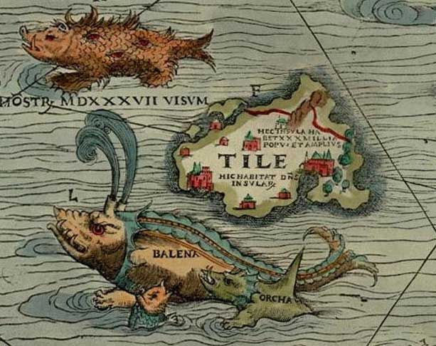 Map fragment Carta Marina (XVI century) with the image of the island of Thule, seen Pytheas.