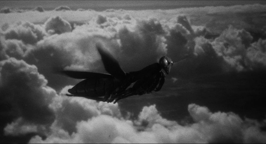 Гигантский богомол летит среди облаков

