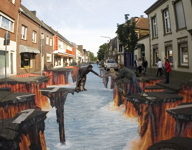 An unusual illusion Muller painted in the German town of Geldern.

This work refers to the art of drawing 3D pictures on asphalt, which look quite realistic, but only from one point of observation.
Translated by «Yandex.Translator»