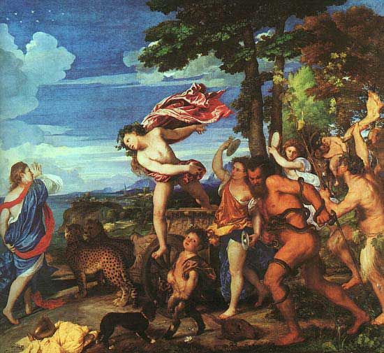 Titian Vecellio "Bacchus and Ariadne" (1520-1523) (National Gallery, London)The "formation of unidentified flying objects" is considered to be a circle formed by eight lights in the sky at the top left.From the Dictionary of Objects and Symbols in Art by James Hall:
"Classical iconography depicts Ariadne sleeping when god comes (...), but, according to Ovid, at that moment she was mourning her fate: therefore, Renaissance artists and later artists usually depict her awake. Bacchus grabbed Ariadne's precious crown and threw it into the sky. and it became a constellation. (...) Bacchus is depicted reaching the place riding on his chariot, sometimes with an entourage. He jumps to the ground or picks up Ariadne next to him. He takes off her crown, or it's already in the sky in the form of a sparkling circle of stars."
Thus, the circle of stars in the sky represents the crown of Ariadne, which in a mythological fairy tale turns into the constellation of the Northern Crown.