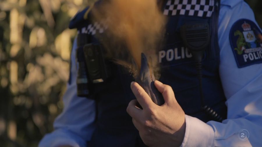 Alien pod produces a yellow powder in the face of officer O'leary.
Translated by «Yandex.Translator»