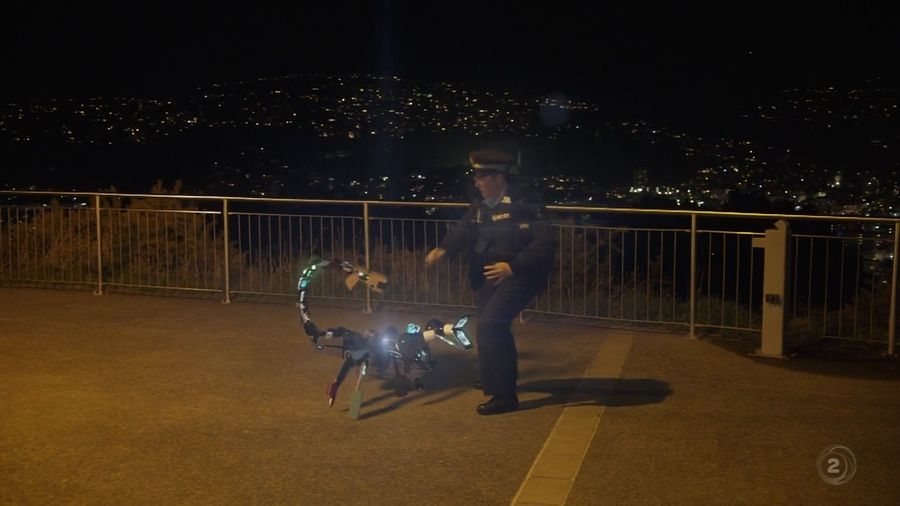 Assembled from appliances robot Scorpion attacks the police officer
Translated by «Yandex.Translator»