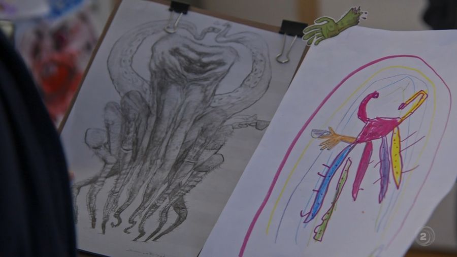 Drawings of an invisible monster made by a police artist (left) and a girl whose room the monster lived in (right)