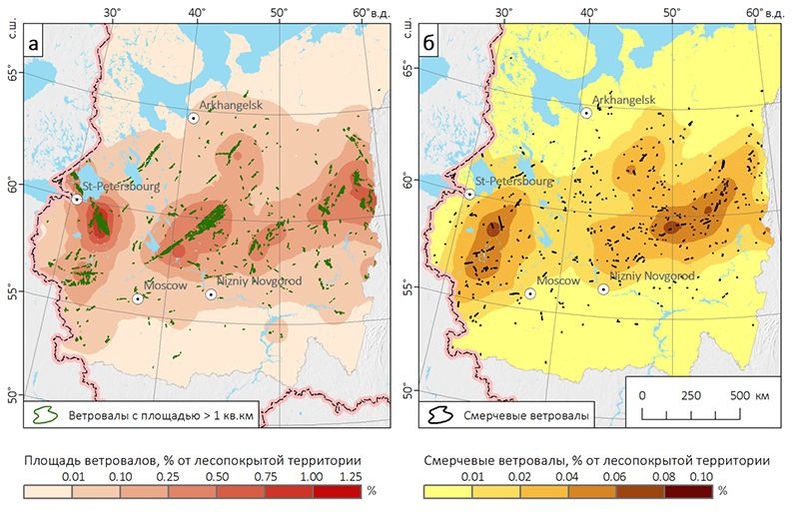 2001-2021: (a) the ratio of the area of continuous windfalls to the total area of forest cover losses; (b) The ratio of the area of forest loss from large (&gt; 1 km2) windfalls and fires