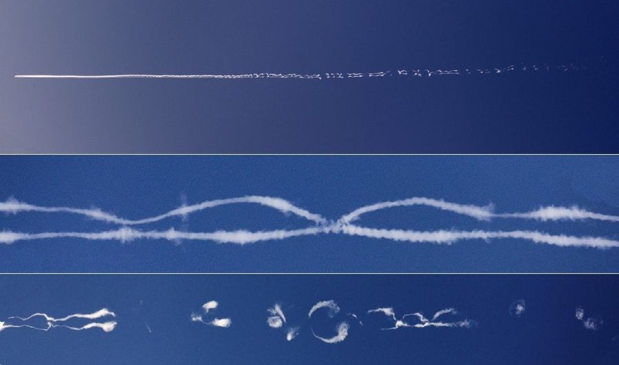 Sometimes contrails from aircraft can take bizarre forms and shapes: they appear different twists, rings, loom rounded structures, turrets, threads. Such formations are caused by the action of the crow instability (Crow Instability) by the name of its discoverer. Most often this phenomenon is observed for huge ships, when the air vortices behind the wings interact with the contrails and create sinusoidal oscillations, distorting its original structure.
Translated by «Yandex.Translator»