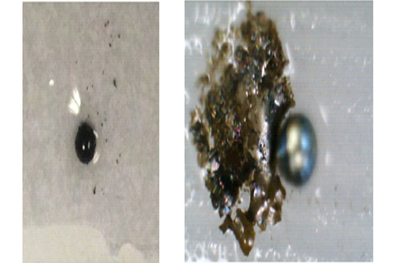 A thin oxide shell and a metal ball left after the ball lightning cooled in water