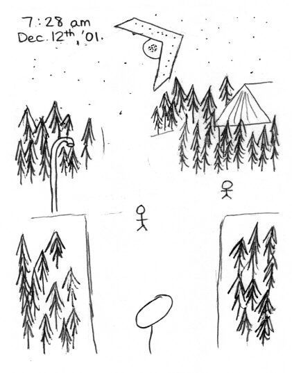 A drawing of the daughter showing a diagram of the scene, as well as the observed wing-shaped UFO. The figure below represents her walking east on Buttercup Place to the school bus stop at the intersection with Fireweed Drive. The object flew slowly from left to right. In other figures, her classmates are waiting at the bus stop (or walking towards it). Her sister, who also saw the UFO, ran to catch the bus, about 100 meters away from her. Although the outline or shape of the object was not visible, the picture above illustrates what she believes was the shape based on the location of the light sources.