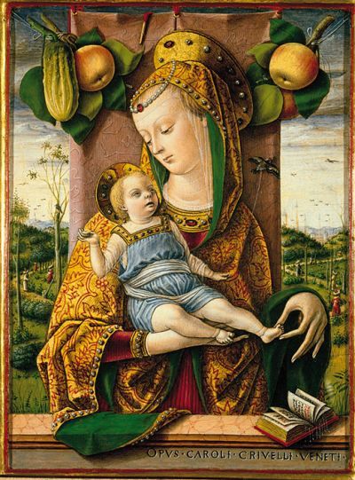 "La Virgen con el niño" (Crivelli, Ancona) - Madonna and Child (Crivelli, Ancona)La imagen de Madonna y el niño de Carlo Crivelli tampoco tiene Ovnis o"cohetes modernos que despegan". En el pequeño paisaje, en el fondo se ven bocetos de torres y campanarios, insinuados por pinceladas ligeras que también aparecen en todos los paisajes pintados por Crivelli.Torres similares también se pueden ver en la pintura Lippi, Filippino "Adoración del niño" (galería nacional de arte, Washington).