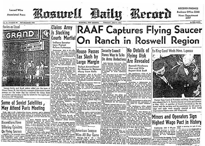 Газета Roswell Daily Record от&nbsp;8 июля 1947 года. Статья о&nbsp;летающей тарелке, потерпевшей крушение.
