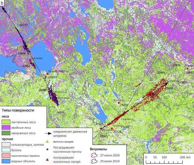 Windfalls after two derecho events: June 27, 2010 (red) and July 29, 2010 (purple)