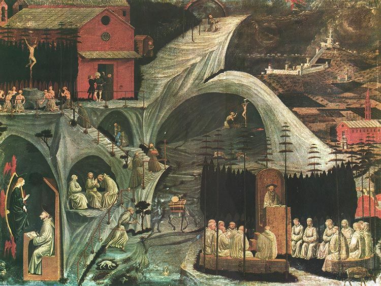 Paolo Uccello's painting "Scenes of Hermit Life", also known as "La Tebaida" (La Tebaide).According to ufological hypotheses, the red object in the cave in the center, to the right of the cross, may be a flying saucer. However, this item is too small, and is actually a cardinal's hat. The fact that this is exactly her is clearly seen in the versions of the same scene by Pietro Vannucci, Albrecht Durer and Albrecht Boots.
"In one of the most common iconographic modules, Jerome in the desert hits himself in the chest with a stone, kneeling before the crucifixion or immersed in reading the Holy Scriptures to discover the sequence of gradual divine revelation and its fulfillment in Christ. The deposition of the scarlet is a symbol of the rejection of a clothed life full of honors and intellectual pleasures, but also full of pompous vanity and Pharisaic conviction of cultural and moral superiority."

From the chapter on Jerome James Hall's Dictionary of Objects and Symbols in Art.
