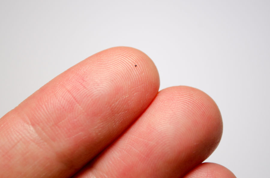 Una bola de metal no clasificada (tal vez un micrometeorito) en la punta de mi dedo índice.
Imagen cortesía de Ryan Thompson, 2012