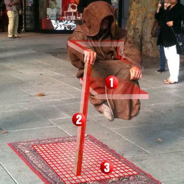 It seems that these levitating people break all the laws of physics and stay in the air, relying solely on the cane. Really baggy clothes these stunt designed to hide the platform and other devices.
Translated by «Yandex.Translator»