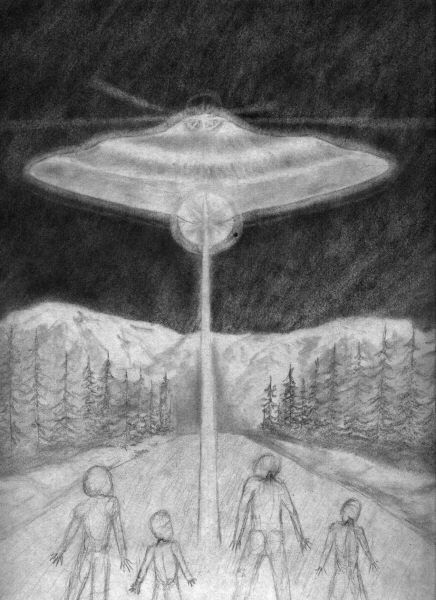 A drawing of a UFO encounter in the wolf Creek Subdivision, Whitehorse, YukonWitness:
"The drawing took me about 4 hours. As an artist, I could have spent weeks working on it, but all those years tainted the essence of the memories, they would have been tainted by today's alien pop culture, so I made it as raw as I could."
