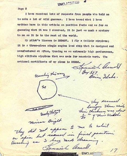 The official report Arnold after a meeting with UFOs over mount Rainier in June 1947. The report presents the sketches of Arnold about how objects look and flight characteristics. 
Translated by «Yandex.Translator»