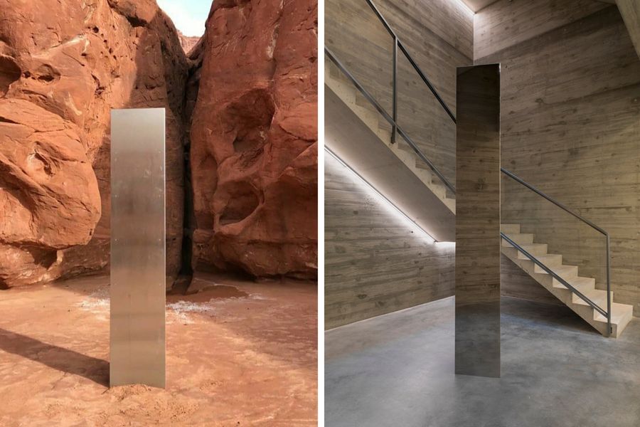 From left to right: theories revolve around a mysterious metal monolith found in southeastern Utah by state employees. David Zwirner said it is almost identical to John McCracken's 2011" Fair", a stainless steel monolith that can now be seen at the Zwirner gallery on West 20th street in Manhattan. Credit...Left to right: Utah Department of public safety / EPA-EFE, via Shutterstock; The estate of John McCracken and David Zwirner