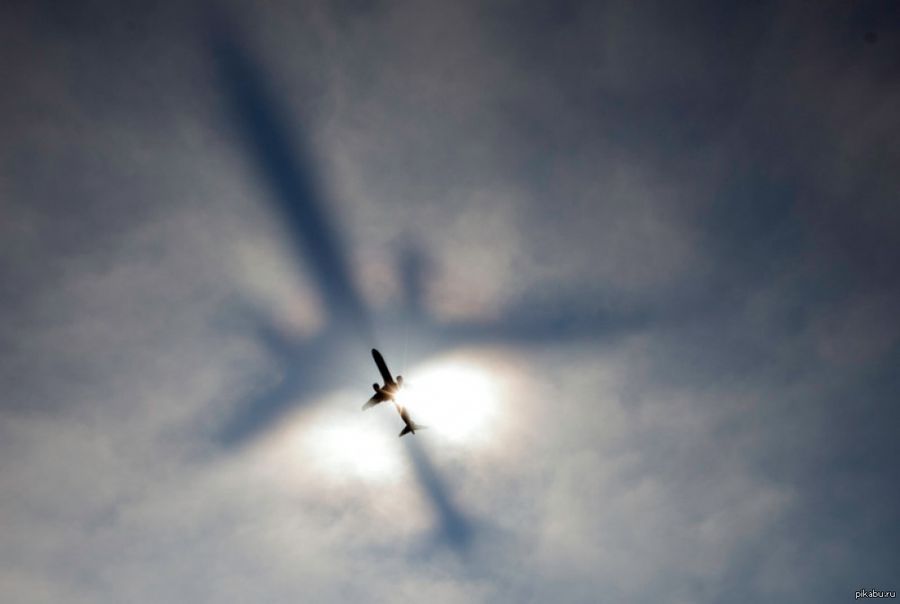 La sombra del avión se proyecta a través de una capa de niebla, aeropuerto Logan, Boston.