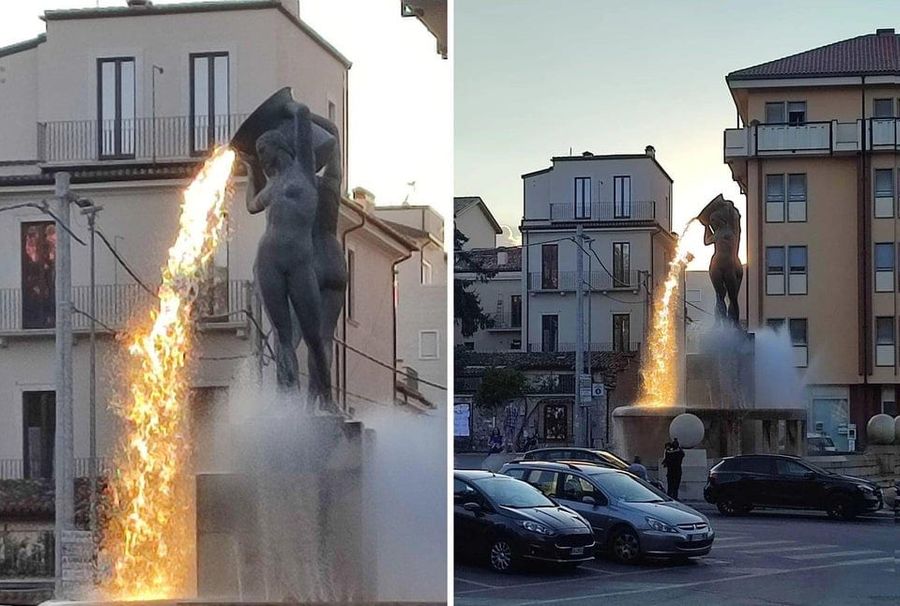 The sunlight that passes through this fountain in L'Aquila, Italy, creates the effect as if it pours lava from its bowl.