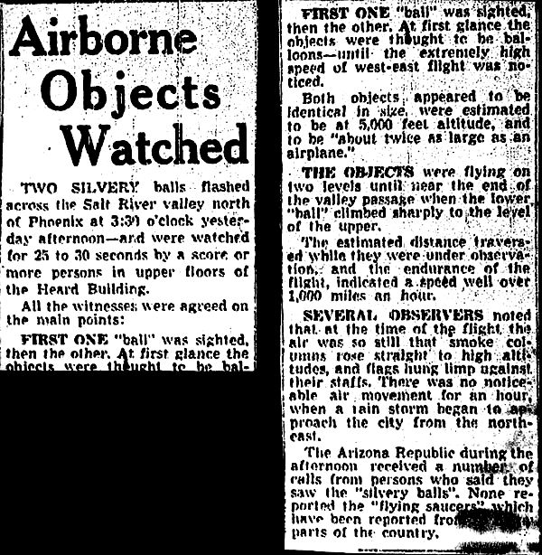 Foo Fighters in the US

Article in the newspaper "Arizona Republic" dated July 8, 1947
Translated by «Yandex.Translator»