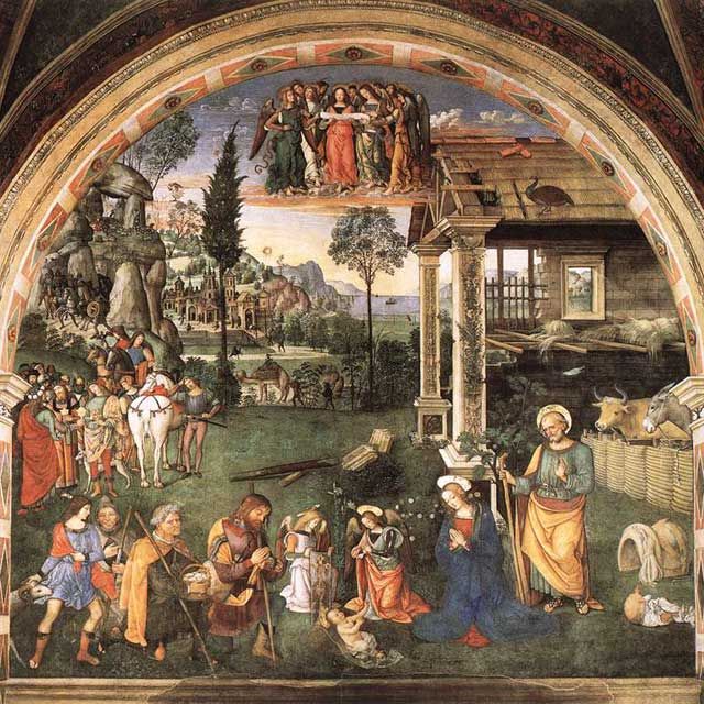 "Navidad" de Bernardino di Betto, conocido como Pinturicchio (o Pintoricchio). Cappella Baglioni Pinturicchio (1501)Se cree que el autor reprodujo dos objetos voladores (Ovnis): a la izquierda, suspendido en el cielo sobre una colina, y en la punta de un ciprés (una esfera de color gris anaranjado).De hecho, el objeto más grande es el Sol, a menudo representado en tales escenas. El segundo objeto luminoso en el cielo, el que está a la izquierda del ciprés, es la estrella de los reyes magos, vista en la escena de abajo con regalos para el Bebé. En la imagen de la derecha, vemos a un pastor mirando hacia el cielo en la dirección de una estrella.