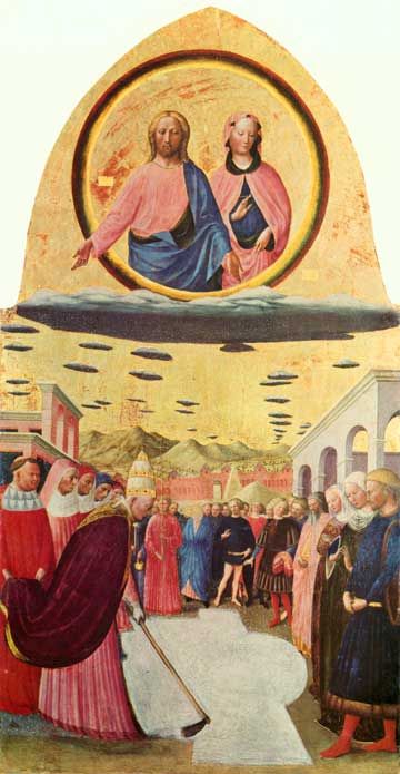 Masolino da Panicale "Fundación de la iglesia de Santa Maria Maggiore en Roma" (circa 1428) (Museo y galerías nacionales de Capodimonte, Nápoles).Esta es una de las "imágenes de Ovnis" más citadas, citadas desde principios de la década de 1970 como evidencia de avistamientos de objetos voladores no identificados. Por lo general, se trata de una "sustancia extraña similar a la nieve" que cae de un objeto oblongo gris (nube).La leyenda de la Nevada de verano en Esquilino es una historia escrita por Bartolomeo da Trento 1.000 años después del supuesto milagro (352 D.C.) y que se ha convertido en una leyenda muy popular. Se construyeron muchas iglesias dedicadas a este milagro, y muchos artistas representaron la misma escena. Las nubes estilizadas en esta pintura son similares a las nubes pintadas por Masolino, Benozzo Gozzoli y otros artistas de la primera mitad del siglo XV.