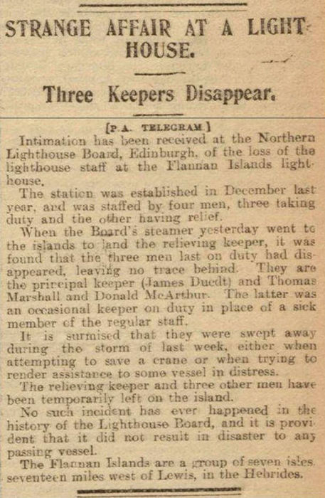 Newspaper clipping about the disappearance of the lighthouse crew