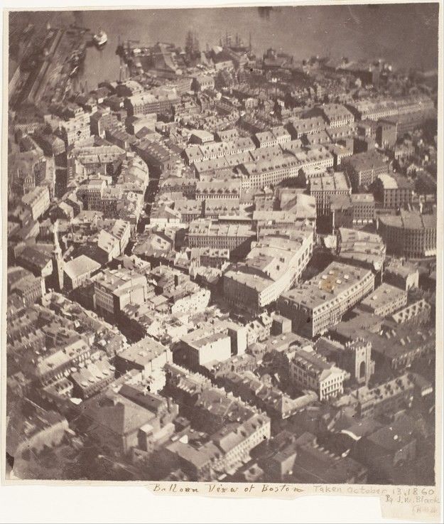 www.metmuseum.org

The first photo from the air (almost)

Photograph of Boston from a height were made with balloon by James Wallace black in 1860 and is the oldest surviving aerial photograph.

But, actually, the first picture in the air did he – is that a French photographer called Nadar made a photo like this in Paris two years before black. Unfortunately, these photos are not preserved.
Translated by «Yandex.Translator»